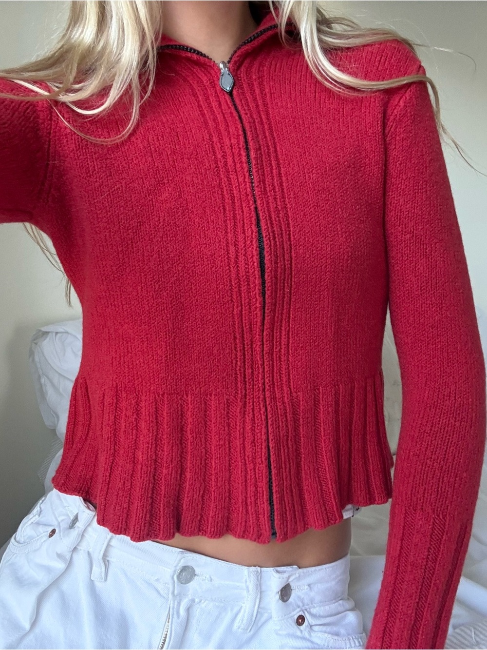 Vintage Red Zip-Front Women's Knit wool blend Sweater